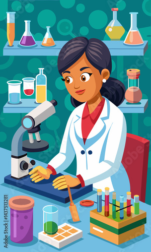 Técnica médica examinando muestras de sangre en el laboratorio. Científica joven que utiliza un microscopio para analizar muestras biológicas en investigación médica.