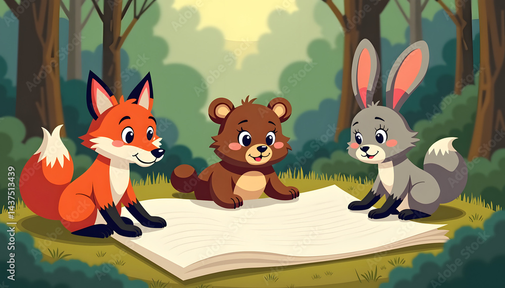 Fototapeta premium Cute animals reading together in a forest setting 