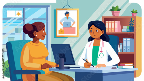 Ginecóloga hablando con una paciente en la clínica, brindando consulta médica profesional, discutiendo opciones de tratamiento y ofreciendo consejos de salud en un consultorio privado.