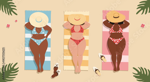 Three curvy women relaxing on colorful towels under palm leaves — body positive summer vacation scene