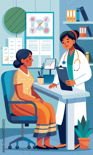 Ginecóloga hablando con una paciente en la clínica, brindando consulta médica profesional, discutiendo opciones de tratamiento y ofreciendo consejos de salud en un consultorio privado.