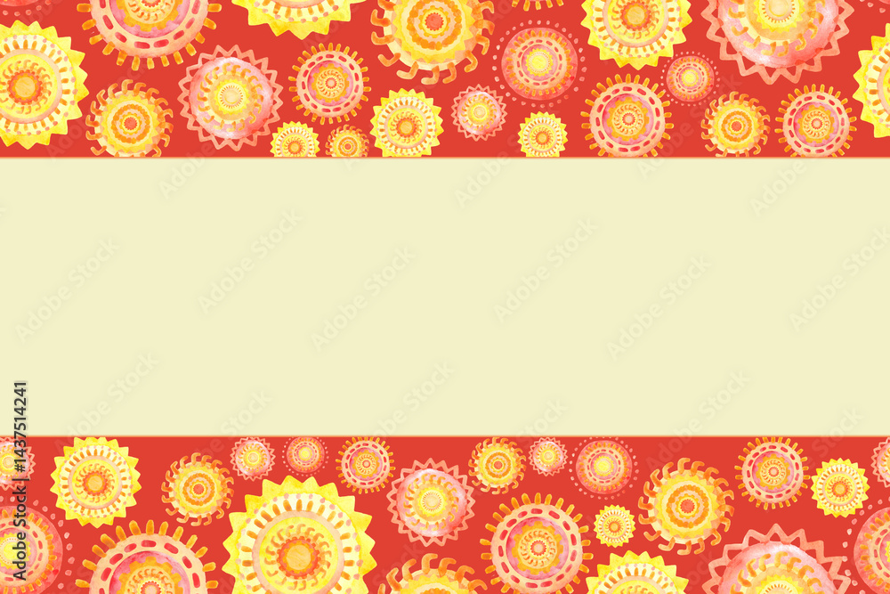 Seamless border of watercolor suns. Summer background for postcards, greetings and invitations