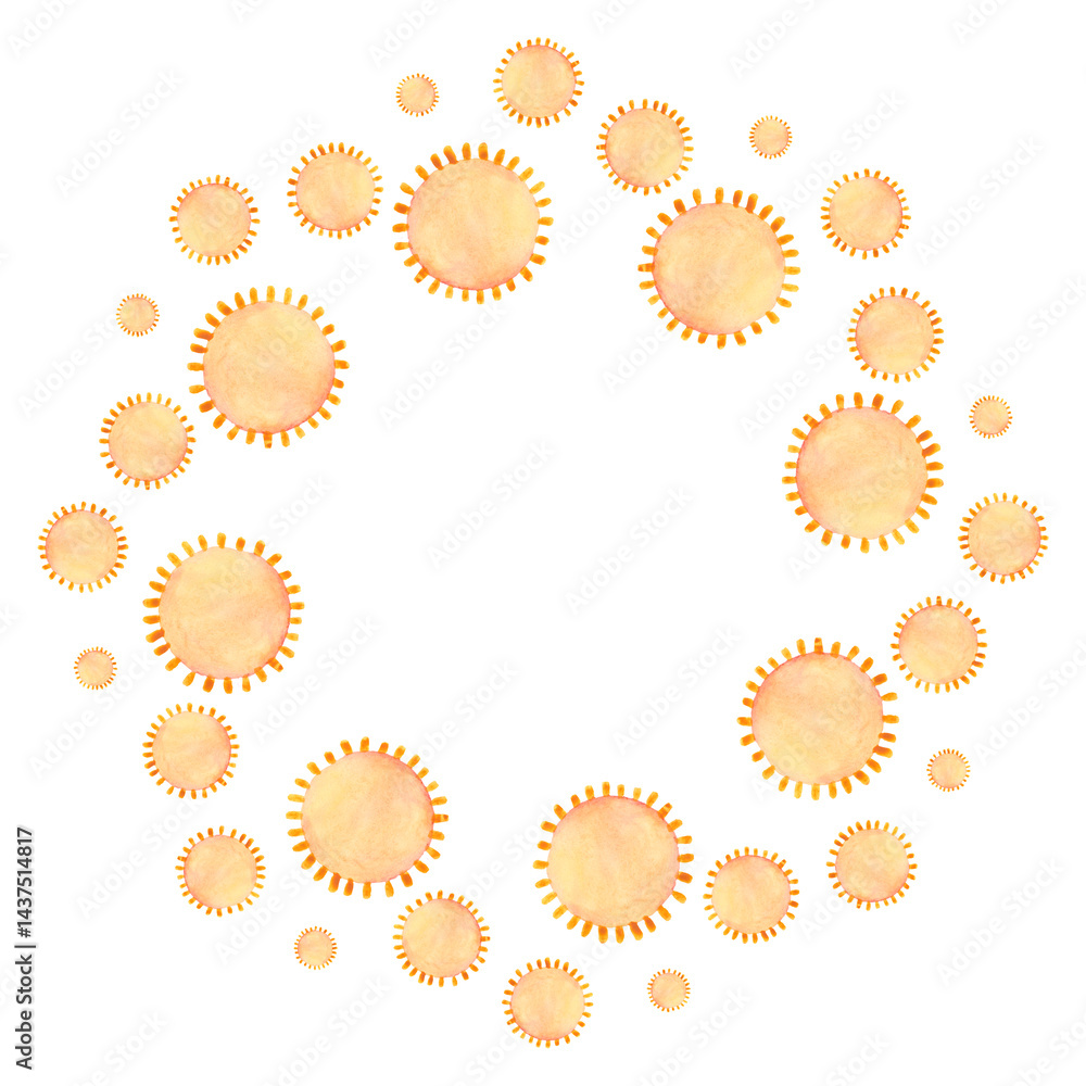 Round frame of watercolor suns on a white background. Summer sunny decor element.