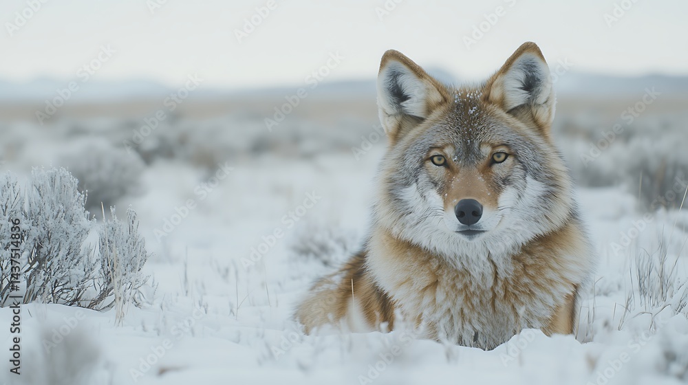 Fototapeta premium Coyote resting in snow covered field, mountains distant. Wildlife stock photo or nature blog image
