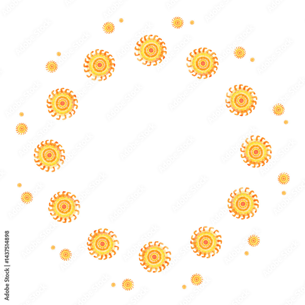 Round frame of watercolor suns on a white background. Summer sunny decor element.