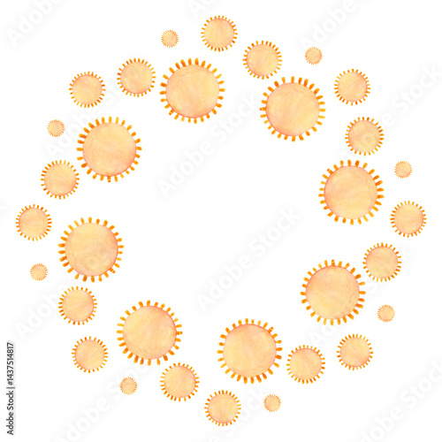 Obraz na płótnie Round frame of watercolor suns on a white background. Summer sunny decor element. w salonie