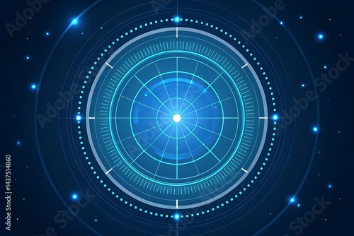 Futuristic radar interface with glowing lights in shades of blue. It shows a sense of technological advancement and modern design