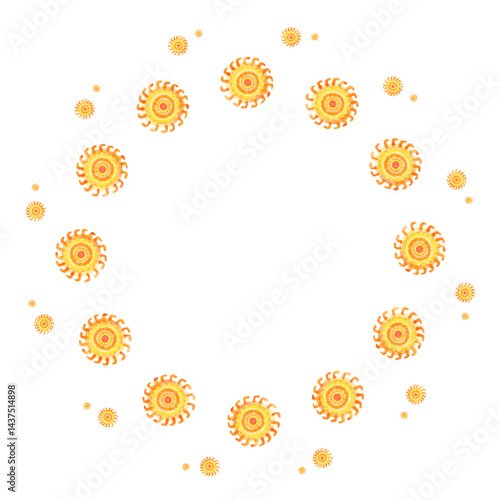 Obraz na płótnie Round frame of watercolor suns on a white background. Summer sunny decor element. w salonie