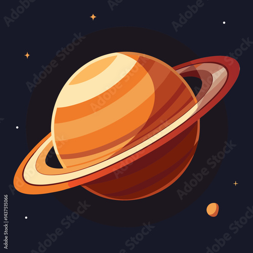 Stylized illustration of a ringed gas giant planet in a dark space backdrop