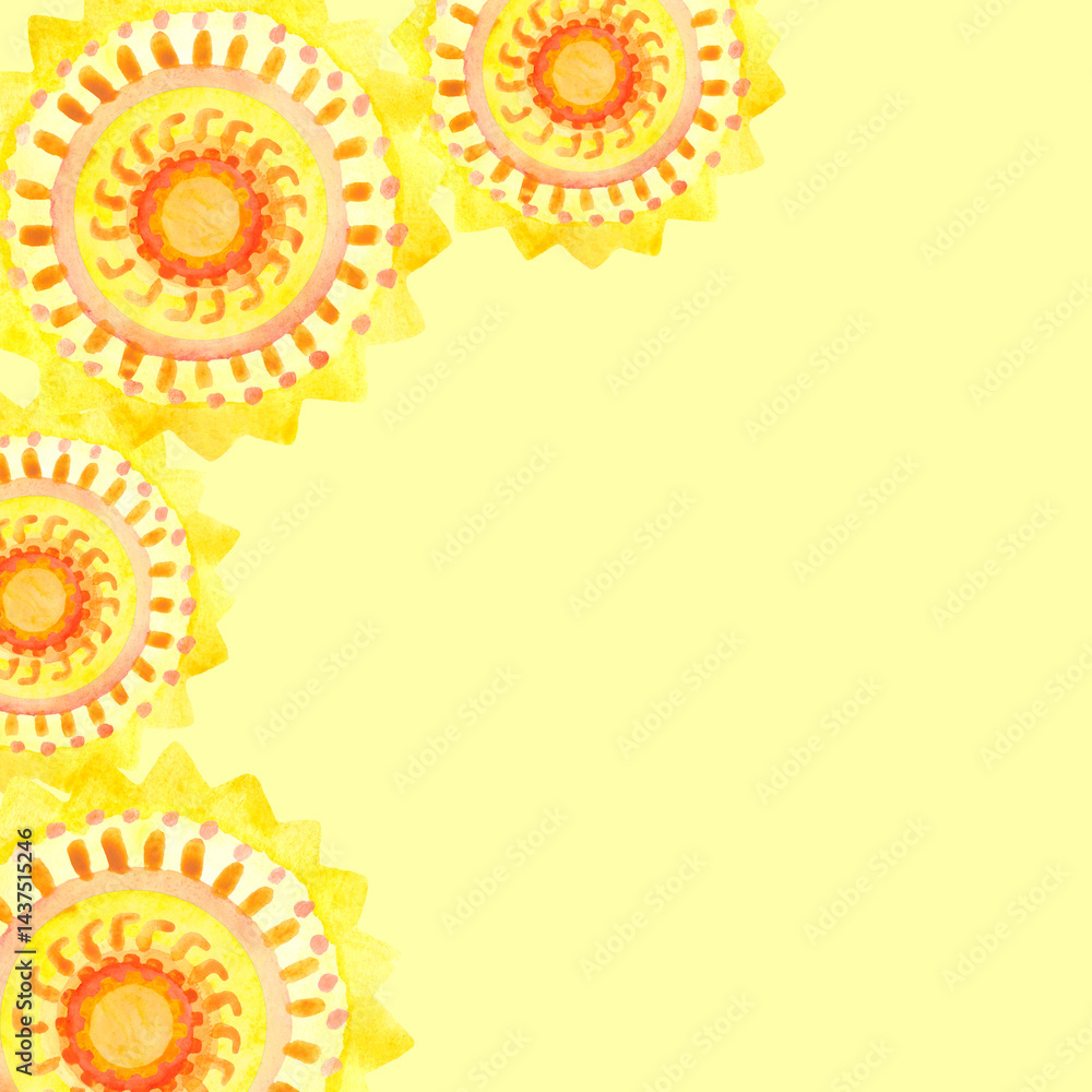 Square background with a frame of watercolor suns. Summer sunny design element.
