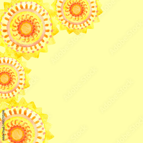 Obraz na płótnie Square background with a frame of watercolor suns. Summer sunny design element. w salonie