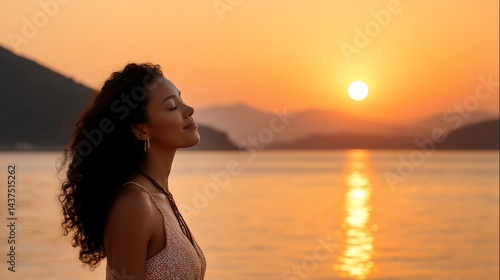 Woman enjoying sunset by the sea; peaceful moment; travel, tranquil, inspiration