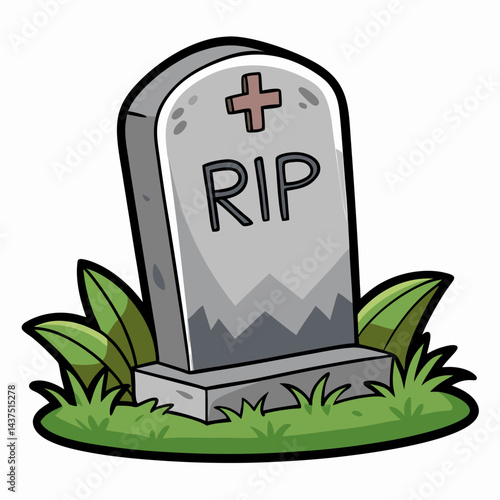 Cartoonish graveyard tombstone with grass isolated on white background illustration for Halloween