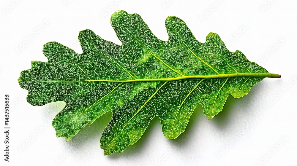Bright Green Oak Leaf with Detailed Veins Centered on White Background Bright Green Oak Leaf with Detailed Veins Centered on White Background