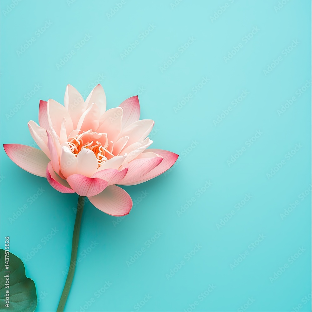 Obraz premium Serene pink lotus blossom floating gently against a calming cyan background