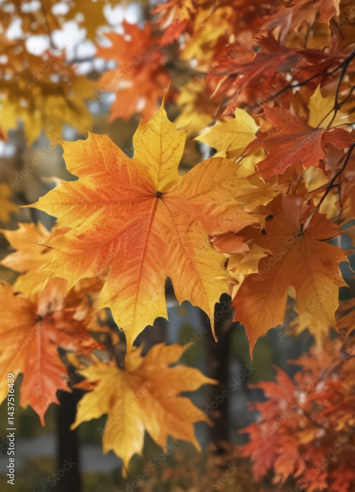 Close-up of maple leaves with blurred background, showcasing fall colors , woods, blur Close-up of maple leaves with blurred background, showcasing fall colors , woods, blur