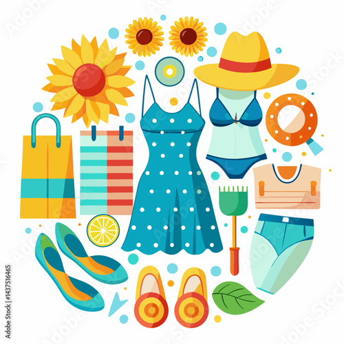 Summer shopping vector illustration with clothes and accessories flat design collection