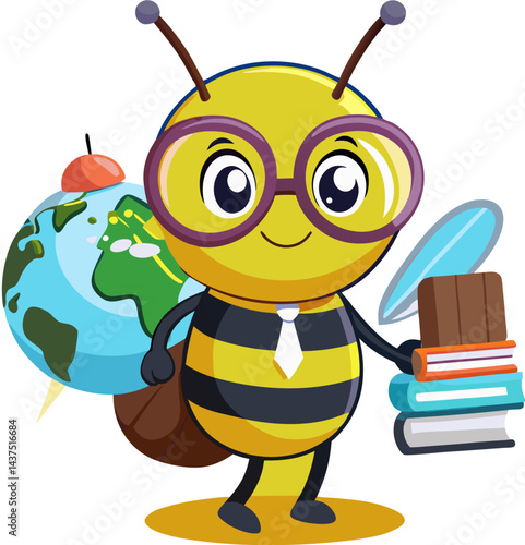 Cartoon bee wearing glasses and holding books and globe, back to school