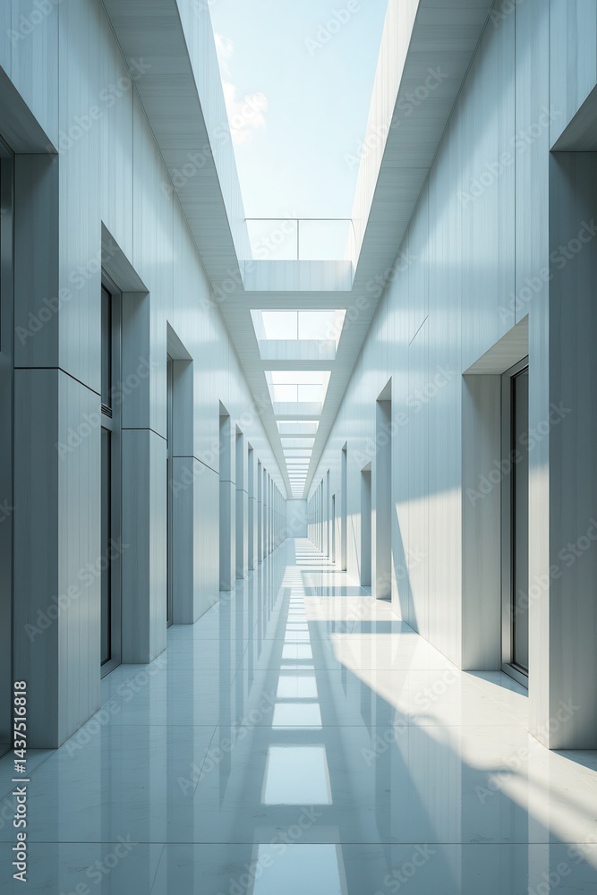 Modern corridor with glass ceiling in contemporary building