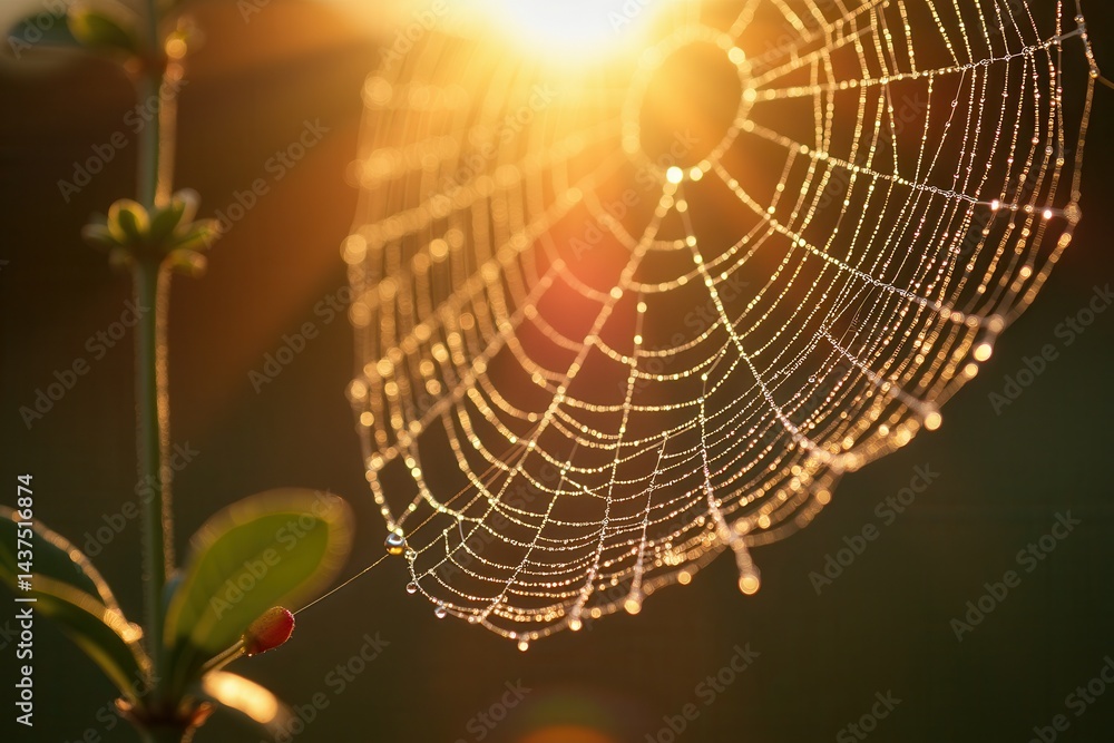 Dew-kissed spider web glistening in golden sunrise light