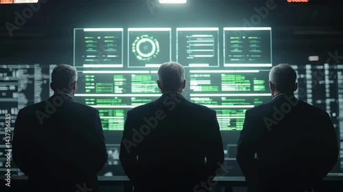 Command Center: Silhouette of three individuals standing before a complex array of monitors displaying data, symbolizing technology, analysis, and a focused operational environment. 