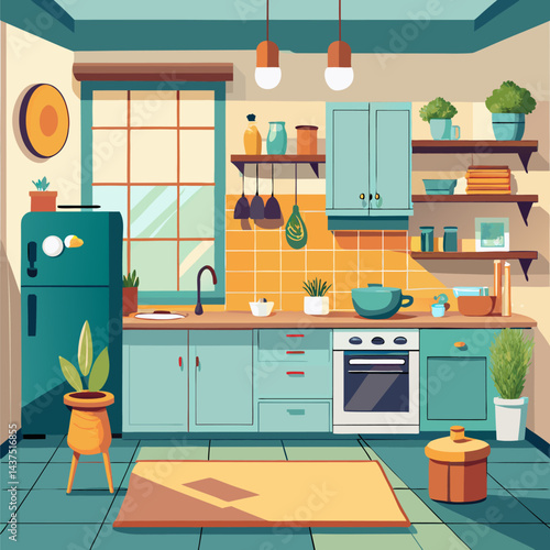 Cozy Kitchen Illustration with Sunlight Streaming Through the Window