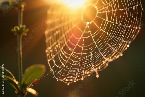 Obraz na płótnie Dew-kissed spider web glistening in golden sunrise light w salonie