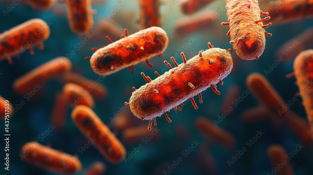 Close up render of multiple rod-shaped bacteria cells with flagella. It can illustrate infection, disease, or scientific research concepts. Close up render of multiple rod-shaped bacteria cells with flagella. It can illustrate infection, disease, or scientific research concepts.