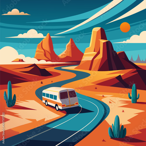 Retro style desert bus trip to canyon with mountains and cactus