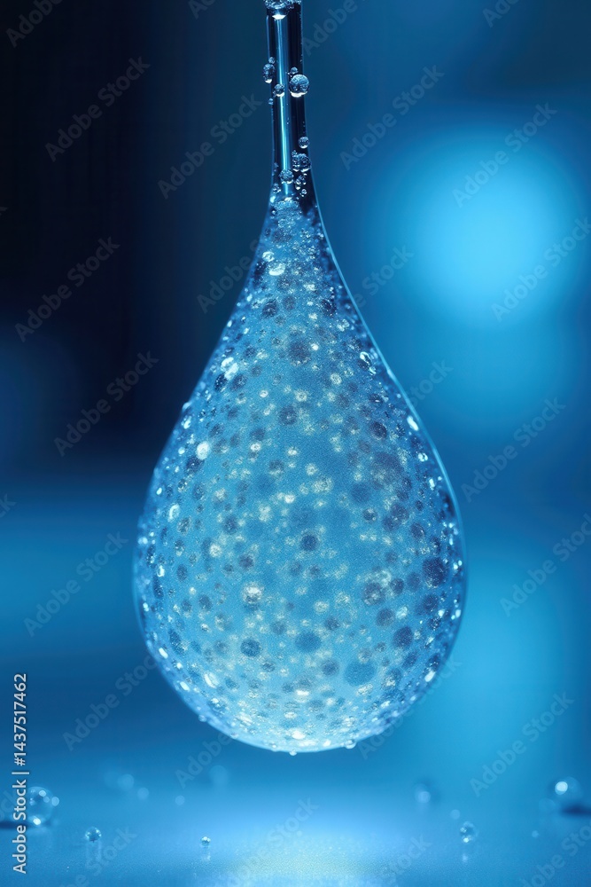 Water droplet with bubbles in vibrant blue macro