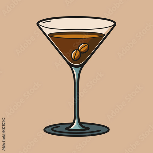 Stylized espresso martini illustration with coffee beans on a neutral background