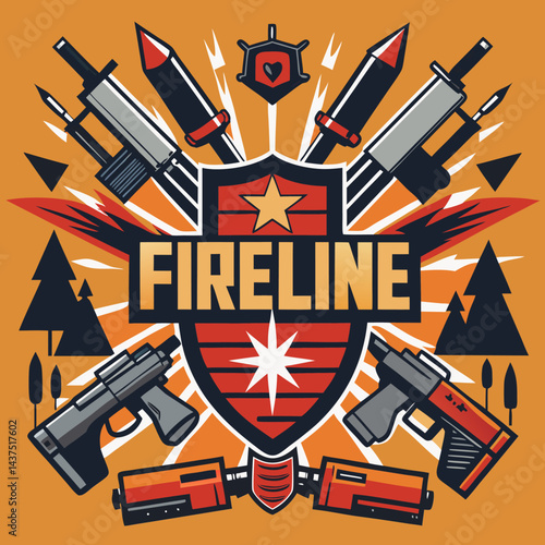 Fireline graphic design featuring guns, rockets, shield, star, trees, and explosions