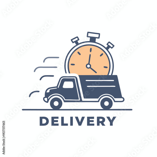 Fast Moving Blue Truck With Clock On Top Showing Speed and Efficiency, Line Art Design