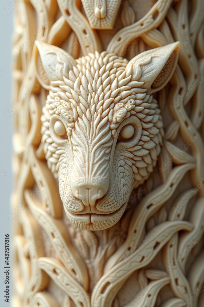 Intricate wolf carving in wooden staff