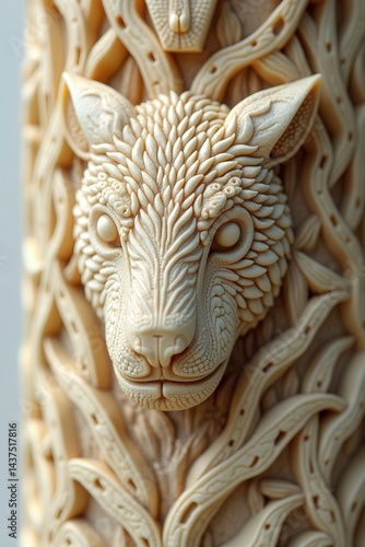 Obraz na płótnie Intricate wolf carving in wooden staff w salonie