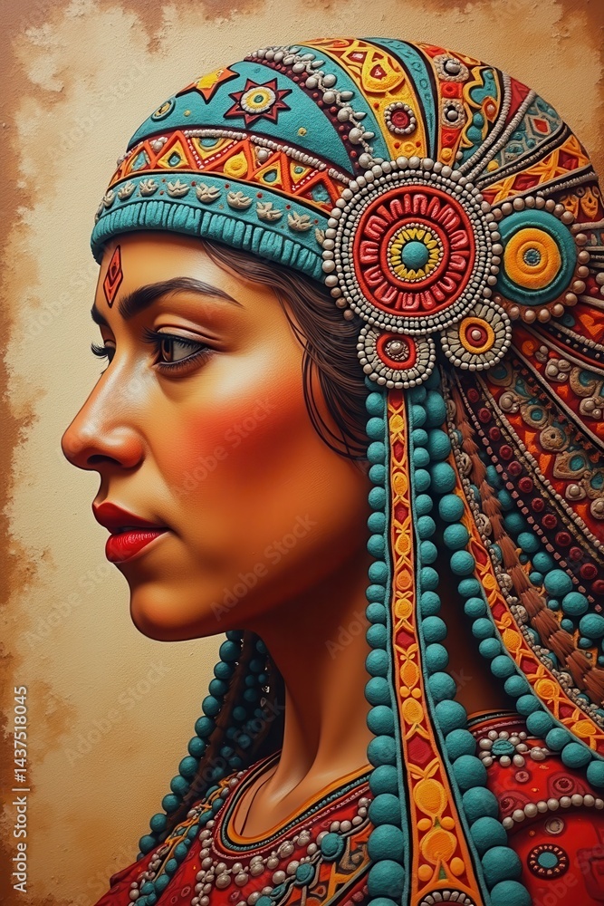 Portrait of woman in traditional colorful attire with intricate headgear