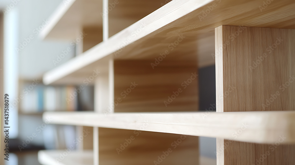 Fototapeta premium Modern Wooden Shelving Unit with Books in Background