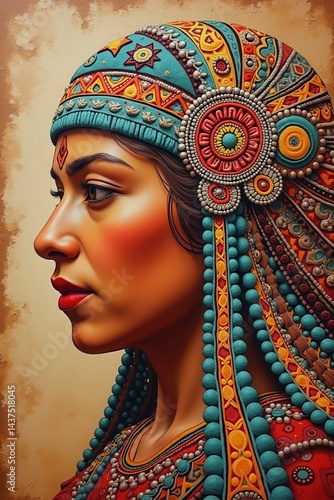 Obraz na płótnie Portrait of woman in traditional colorful attire with intricate headgear w salonie