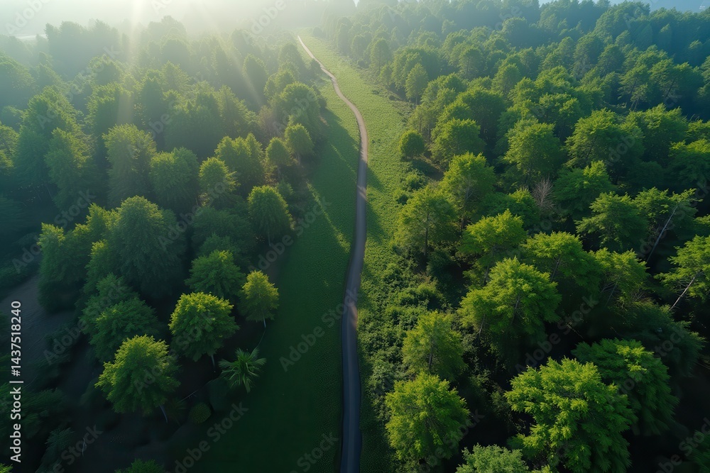 Lush green path morning mist