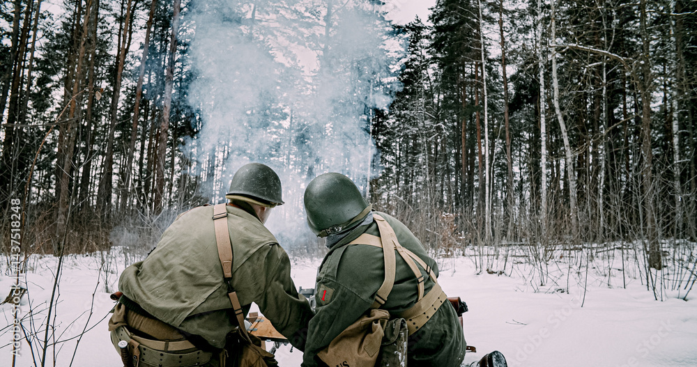Back View On Re-enactors Dressed As American Infantry Soldiers F