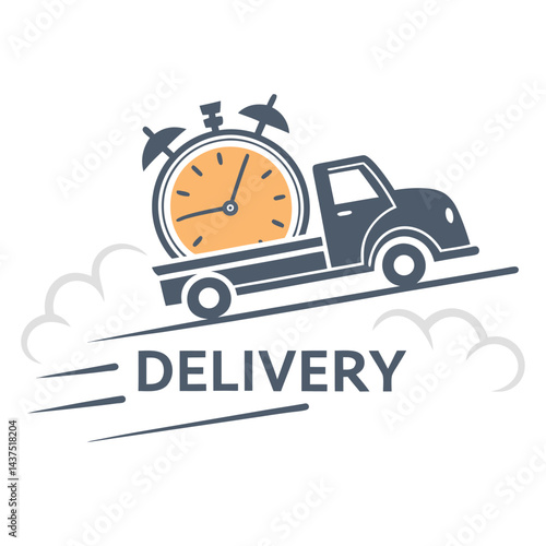 Stylized Truck With Orange Alarm Clock Icon, Fast Movement, Speed Lines, Isolated