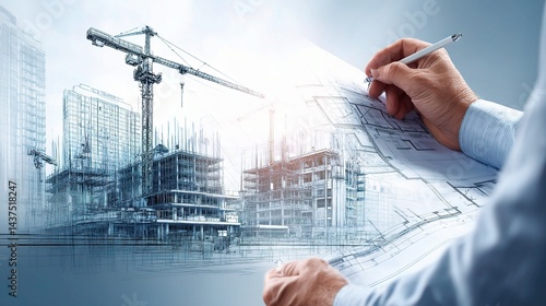 Architect Reviewing Blueprints of Modern Construction Project
