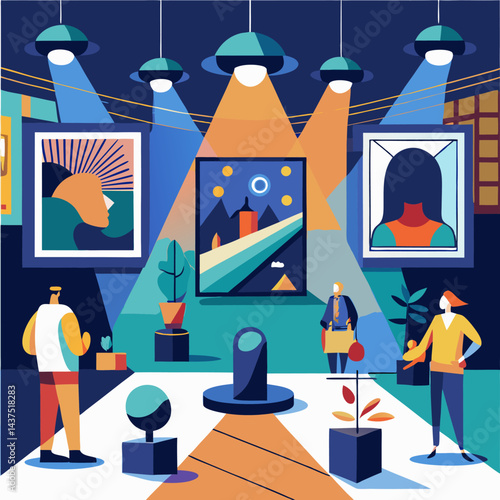 A Modern Art Museum Exhibition With Visitors and Paintings Under Spotlight Illumination