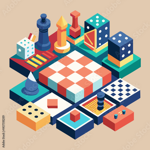 Isometric colorful illustration of chess pieces, dice, and other geometric shapes