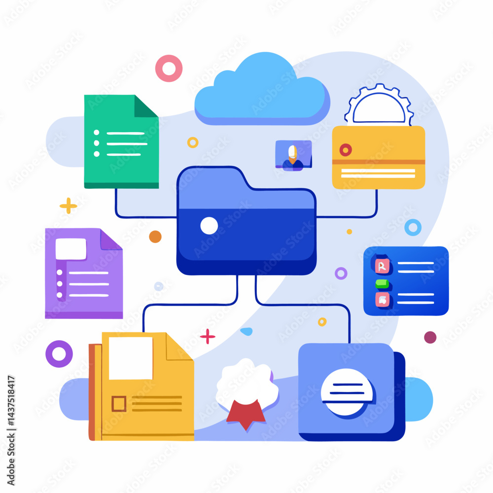 Illustration of Data Management and Organization with Cloud and Various File Types Illustration of Data Management and Organization with Cloud and Various File Types