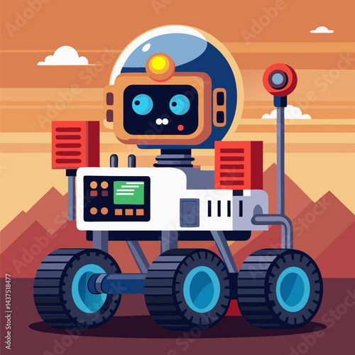 Flat Design Illustration of a Cute Mars Rover Exploring Red Planet Surface