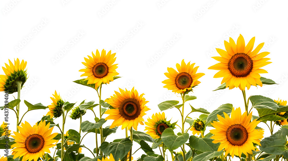 Fototapeta premium A field of yellow sunflowers with a white background