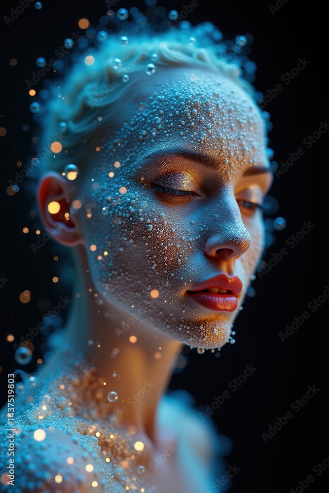 Dreamy close-up portrait of woman with artistic bokeh bubbles