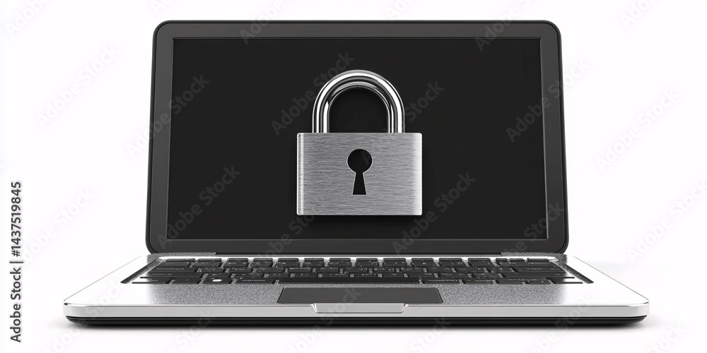 A silver laptop displays a metallic padlock on its screen. A silver laptop displays a metallic padlock on its screen.