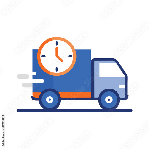 Blue Delivery Truck with Orange Clock Overlay, Fast Shipping, Icon Style, Isolated